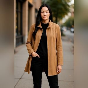 Bellina XS Faux Suede Tan Open Front Long Jacket NWOT